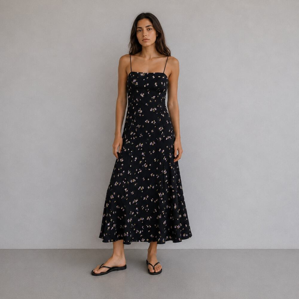 Vince Mixed Ditzy Hibiscus Midi Dress Womens 4 Black Crepe Sleeveless A-line